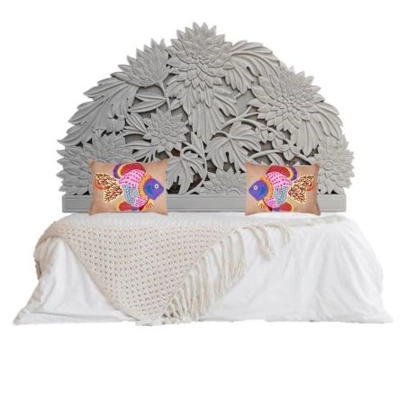 Hand Carved Grey Wood Floral Bed Headboard | Ornate Bedroom Furniture