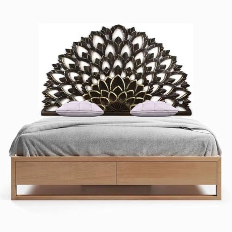 Ethnic Modern Wood Bed Frame with Carved Headboard and Storage Drawers Ethnic Modern Wood Bed Frame with Carved Headboard and Storage Drawers