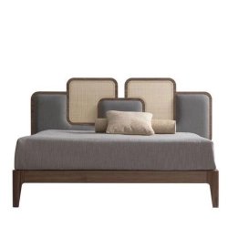 Modern Wood Bed Frame with Rattan and Upholstered Headboard