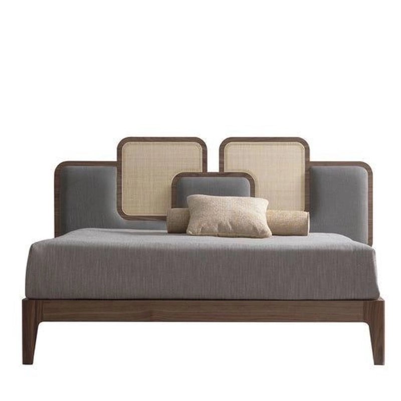 Modern Wood Bed Frame with Rattan and Upholstered Headboard