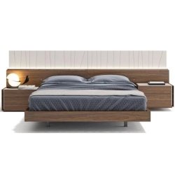 Modern Wood Bed Frame with Integrated Nightstands and Headboard Lighting