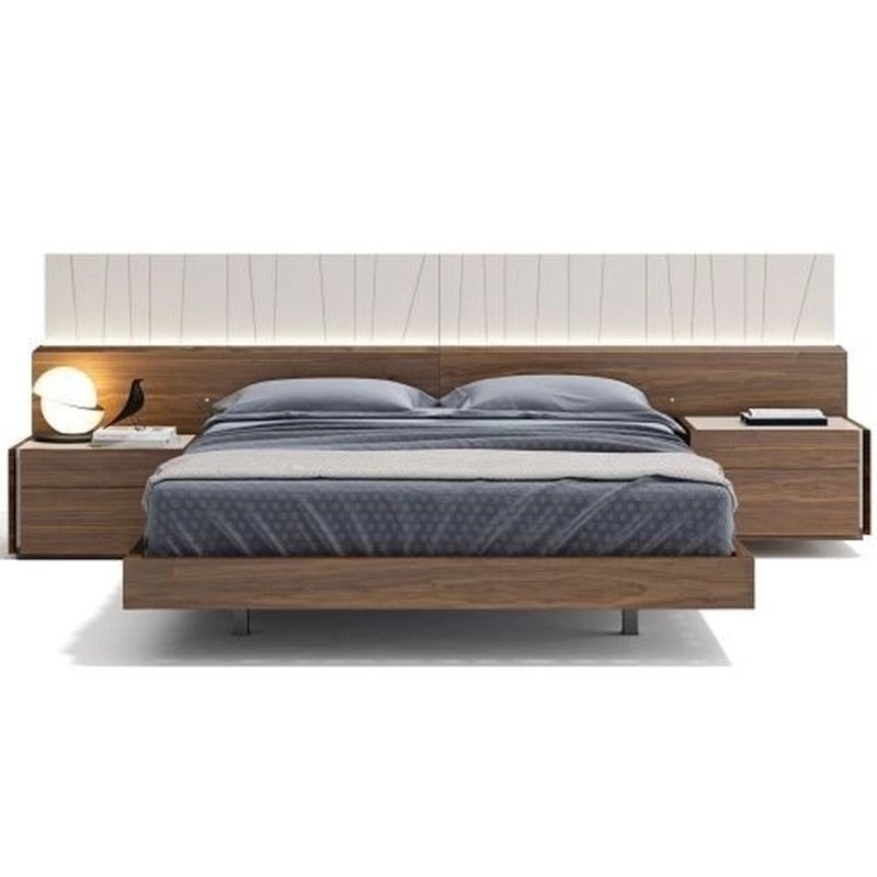 Modern Wood Bed Frame with Integrated Nightstands and Headboard Lighting