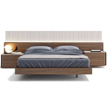 Modern Wood Bed Frame with Integrated Nightstands and Headboard Lighting