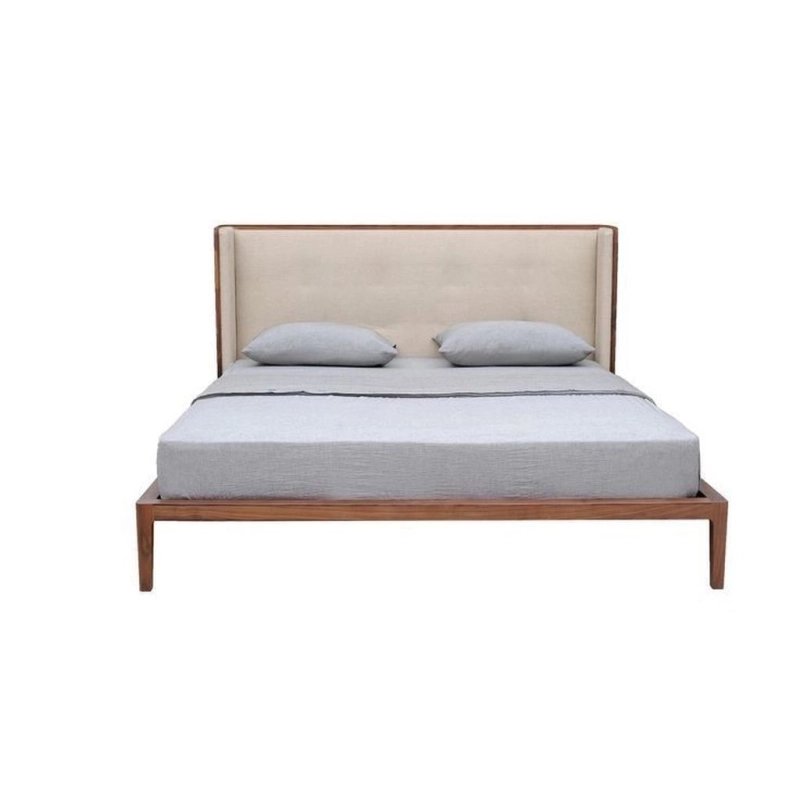 Modern Solid Wood Bed Frame with Upholstered Headboard