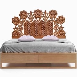 Elegant Hand-Carved Wooden Bed with Floral Headboard