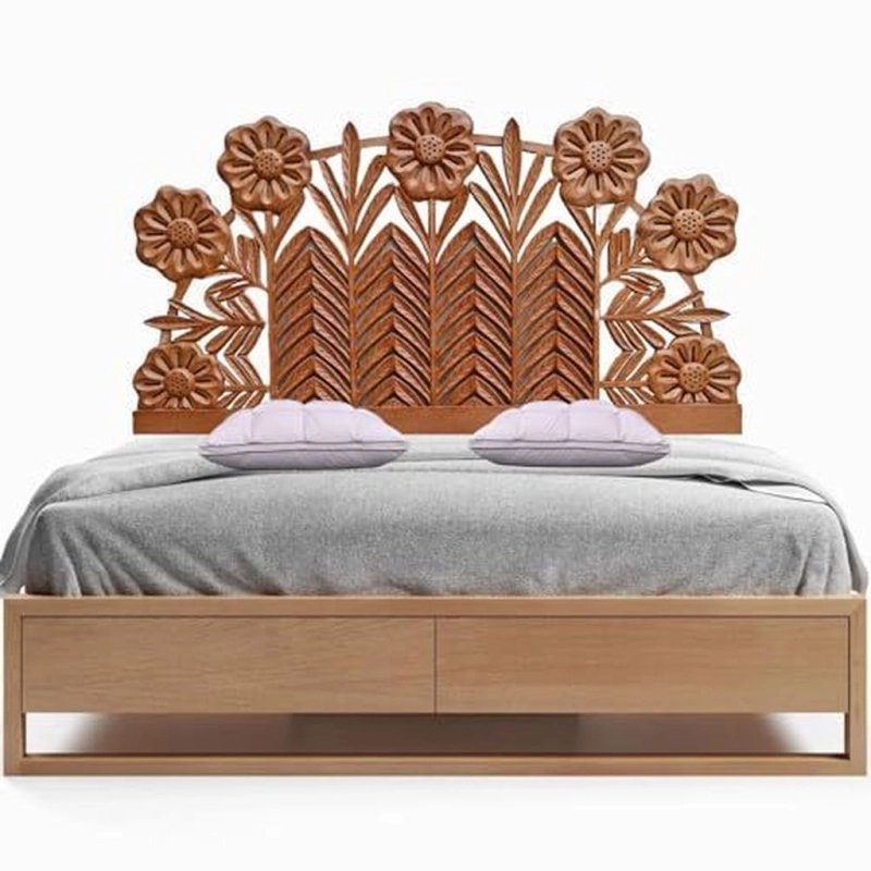 Elegant Hand-Carved Wooden Bed with Floral Headboard