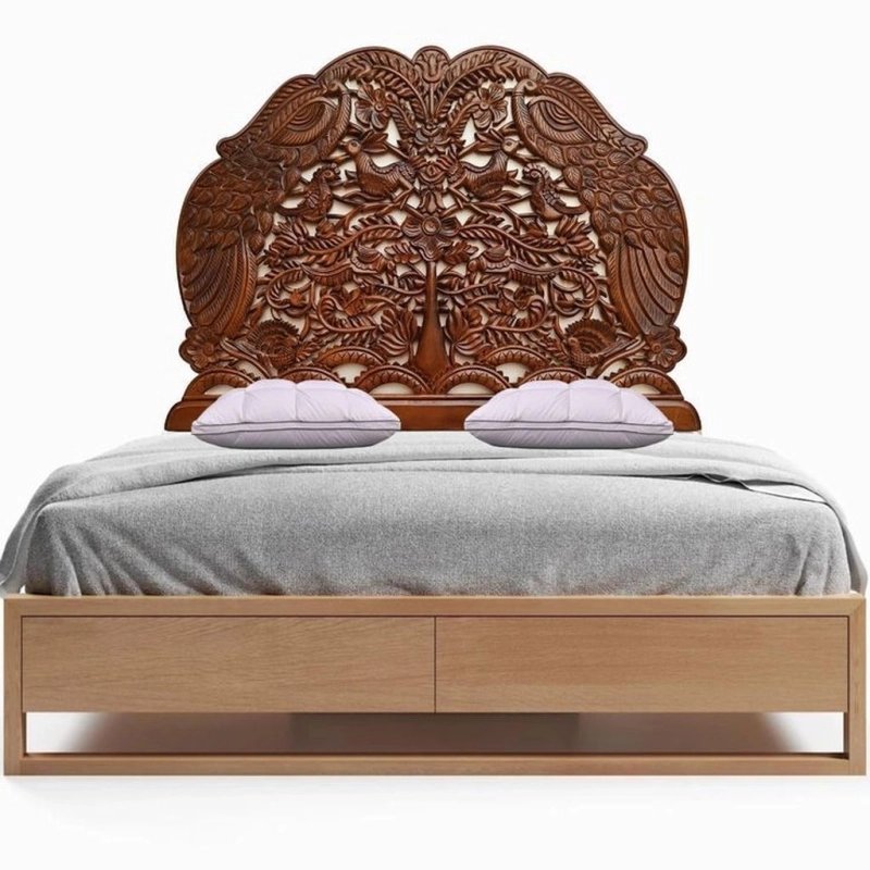 Handcrafted Wooden Bed Frame with Intricate Carved Headboard and Storage Drawers