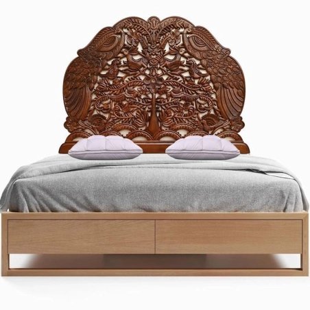 Handcrafted Wooden Bed Frame with Intricate Carved Headboard and Storage Drawers