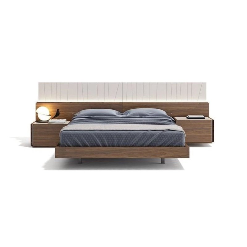 Modern Minimalist Wooden Bed Frame with Integrated Headboard and Nightstands