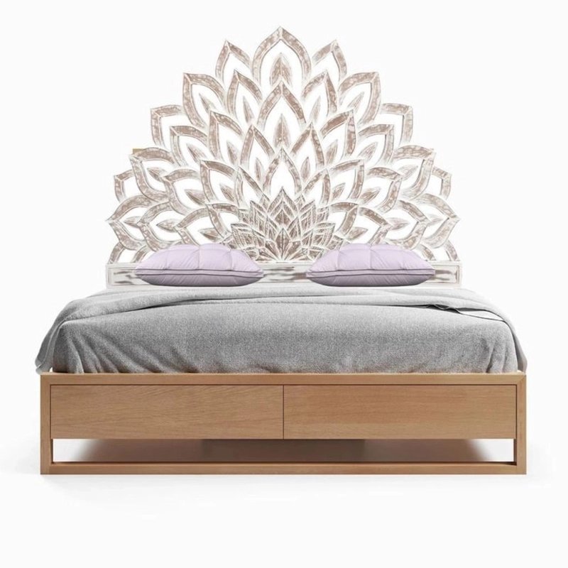 Wooden Bed Frame with Hand Carved Mandala Headboard and Storage