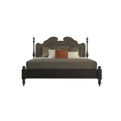 Classic Upholstered Panel Bed with Dark Wood Frame and Posts