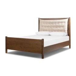 Modern Solid Wood Bed Frame with Tufted Fabric Headboard