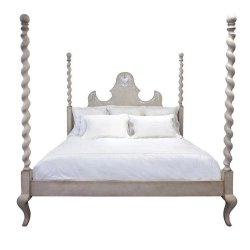 Elegant Carved Wood Four Poster Bed with Ornate Headboard
