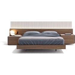 Modern Wood Bed with Illuminated Headboard and Integrated Nightstands