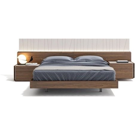 Modern Wood Bed with Illuminated Headboard and Integrated Nightstands