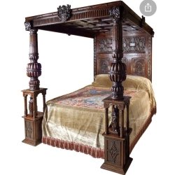 Ornate Gothic Revival Hand Carved Wooden Four Poster Bed