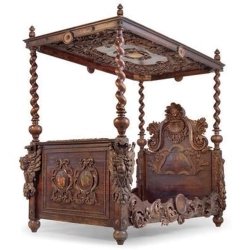 Ornate Hand-Carved Wooden Four-Poster Bed with Canopy