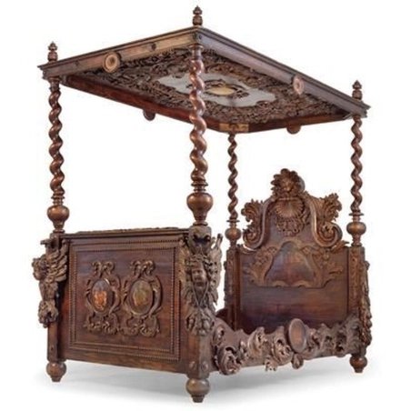 Ornate Hand-Carved Wooden Four-Poster Bed with Canopy