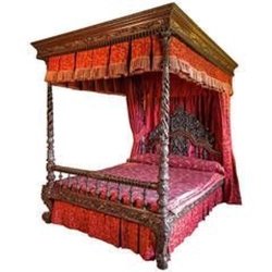 Hand Carved Mahogany Four Poster Canopy Bed with Red Drapes