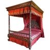 Hand Carved Mahogany Four Poster Canopy Bed with Red Drapes
