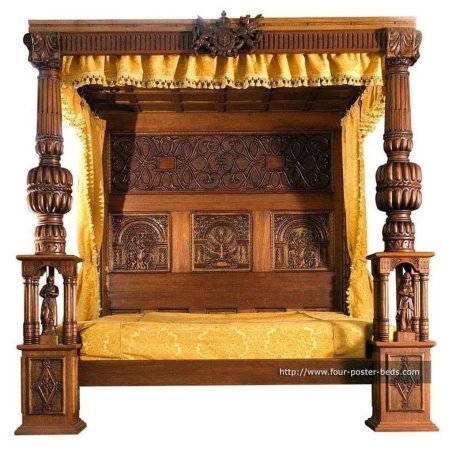Luxury Ornate Carved Wood Four Poster Canopy Bed Classic Design