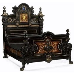 Luxury Black Carved Wooden Bed with Ornate Gold Accents and Inlay