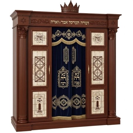 Premium Handcrafted Aron Kodesh Holy Ark - Traditional Dark Wood Synagogue Furniture with Blue Velvet and Gold Accents