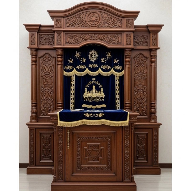Master-Crafted Aron Kodesh, Premium Solid Wood Synagogue Ark, Velvet Parochet with Jerusalem & Magen David Embroidery
