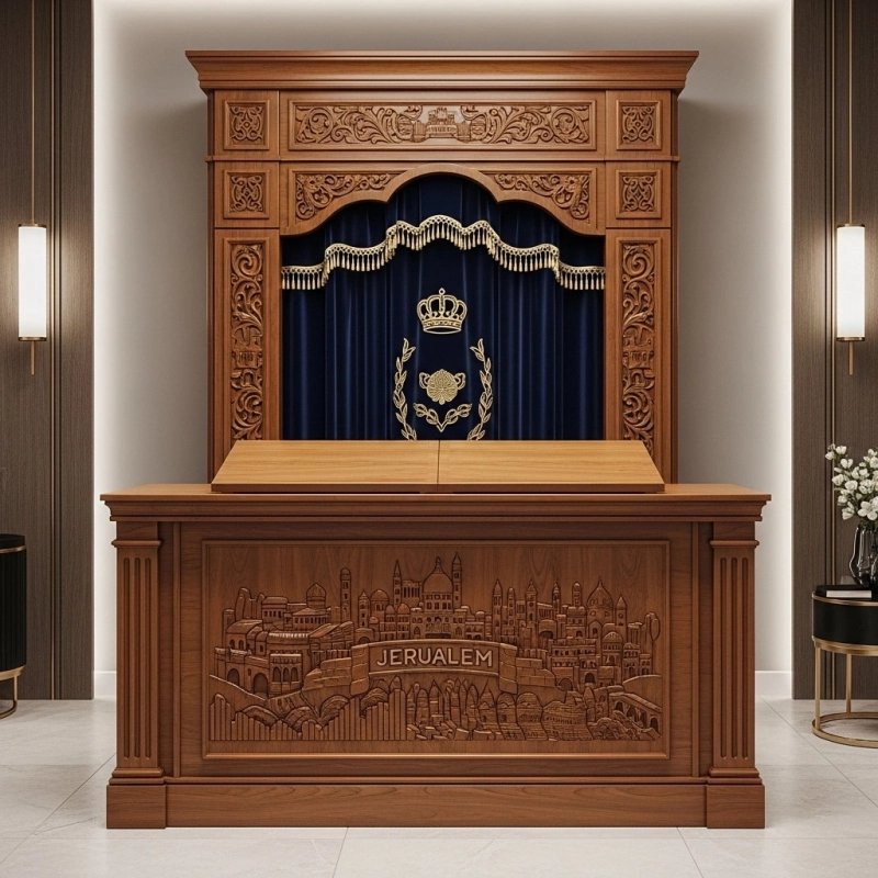 Premium Hand-Carved Aron Kodesh Synagogue Furniture Ornate Wooden Holy Ark with Jerusalem Relief by Expert Manufacturer Premium Hand-Carved Aron Kodesh Synagogue Furniture Ornate Wooden Holy Ark with Jerusalem Relief by Expert Manufacturer