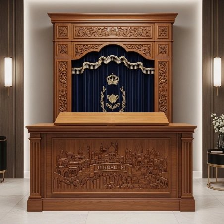 Premium Hand-Carved Aron Kodesh Synagogue Furniture Ornate Wooden Holy Ark with Jerusalem Relief by Expert Manufacturer