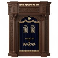 Premier Solid Wood Aron Kodesh Holy Ark with Ornate Deep Blue Velvet Parochet - Expertly Crafted Synagogue Furniture