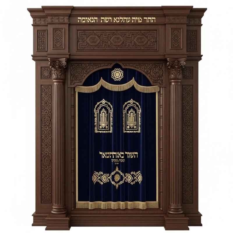 Premier Solid Wood Aron Kodesh Holy Ark with Ornate Deep Blue Velvet Parochet - Expertly Crafted Synagogue Furniture
