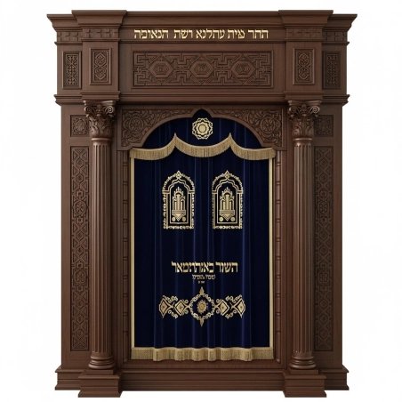 Premier Solid Wood Aron Kodesh Holy Ark with Ornate Deep Blue Velvet Parochet - Expertly Crafted Synagogue Furniture