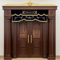 Handcrafted Solid Wood Aron Kodesh, Synagogue Holy Ark with Jerusalem Carvings, Velvet Parochet, Premium Quality Manufacturing