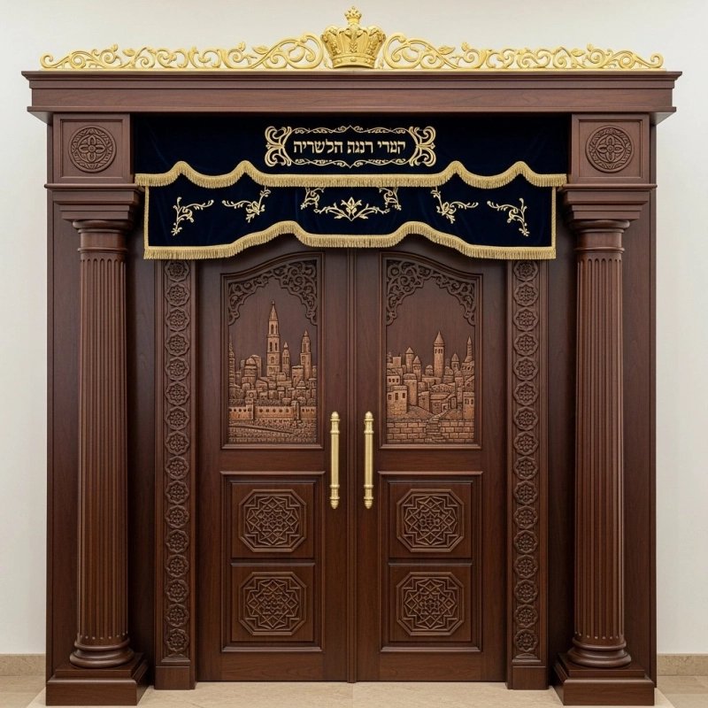 Handcrafted Solid Wood Aron Kodesh, Synagogue Holy Ark with Jerusalem Carvings, Velvet Parochet, Premium Quality Manufacturing Handcrafted Solid Wood Aron Kodesh, Synagogue Holy Ark with Jerusalem Carvings, Velvet Parochet, Premium Quality Manufacturing