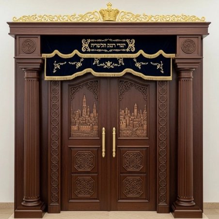 Handcrafted Solid Wood Aron Kodesh, Synagogue Holy Ark with Jerusalem Carvings, Velvet Parochet, Premium Quality Manufacturing