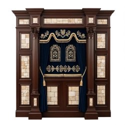 Exquisite Handcrafted Aron Kodesh Premium Synagogue Furniture with Deep Blue Velvet & Stone Inlays Trusted Holy Ark Manufacturer