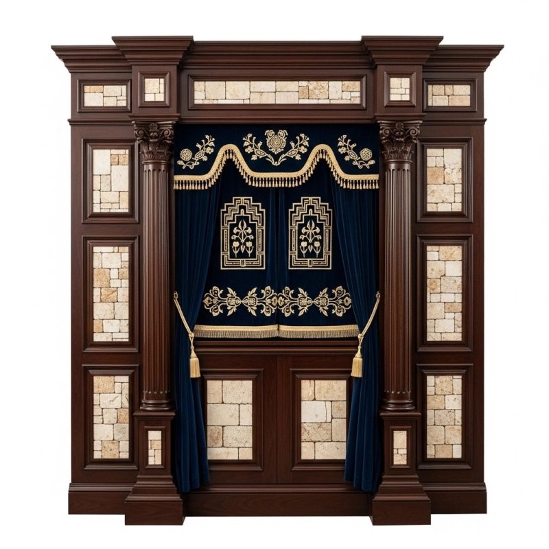 Exquisite Handcrafted Aron Kodesh Premium Synagogue Furniture with Deep Blue Velvet & Stone Inlays Trusted Holy Ark Manufacturer Exquisite Handcrafted Aron Kodesh Premium Synagogue Furniture with Deep Blue Velvet & Stone Inlays Trusted Holy Ark Manufacturer