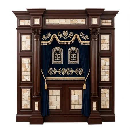 Exquisite Handcrafted Aron Kodesh Premium Synagogue Furniture with Deep Blue Velvet & Stone Inlays Trusted Holy Ark Manufacturer