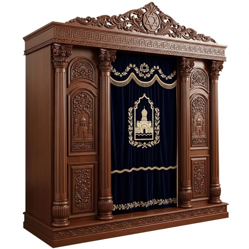 Exquisite Hand-Carved Solid Hardwood Aron Kodesh Deep Blue Velvet Synagogue Ark Mastercrafted Religious Furniture Supplier Exquisite Hand-Carved Solid Hardwood Aron Kodesh Deep Blue Velvet Synagogue Ark Mastercrafted Religious Furniture Supplier