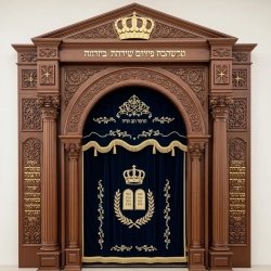 Artisan Crafted Hardwood Aron Kodesh with Ornate Carvings and Velvet Curtain by Leading Furniture Manufacturer