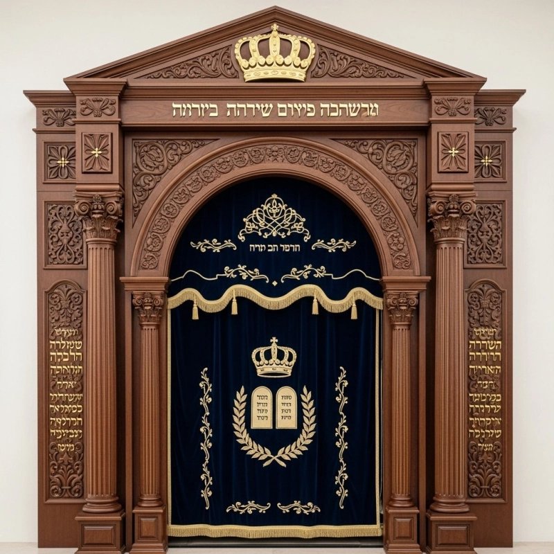 Artisan Crafted Hardwood Aron Kodesh with Ornate Carvings and Velvet Curtain by Leading Furniture Manufacturer Artisan Crafted Hardwood Aron Kodesh with Ornate Carvings and Velvet Curtain by Leading Furniture Manufacturer