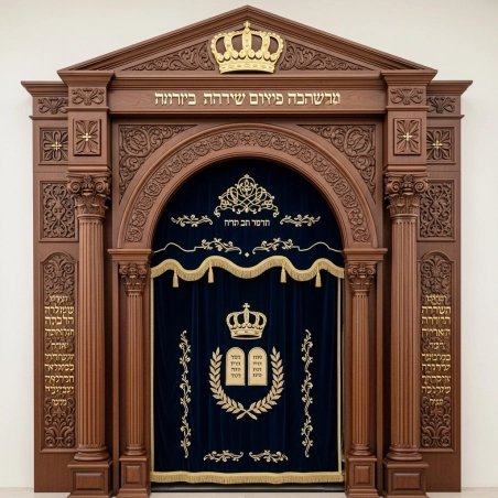 Artisan Crafted Hardwood Aron Kodesh with Ornate Carvings and Velvet Curtain by Leading Furniture Manufacturer