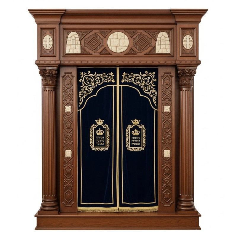 Exquisite Handcrafted Aron Kodesh Synagogue Ark - Premium Solid Wood, Ornate Carvings, Blue Velvet, Expertly Manufactured Exquisite Handcrafted Aron Kodesh Synagogue Ark - Premium Solid Wood, Ornate Carvings, Blue Velvet, Expertly Manufactured
