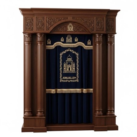 Artisan Solid Wood Aron Kodesh Hand-Carved Synagogue Holy Ark with Embroidered Jerusalem Motif Premium Quality Manufacturer