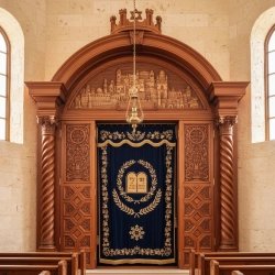 Masterfully Crafted Aron Kodesh Synagogue Ark - Hand-Carved Wood & Embroidered Blue Velvet - Premium Manufacturer Quality