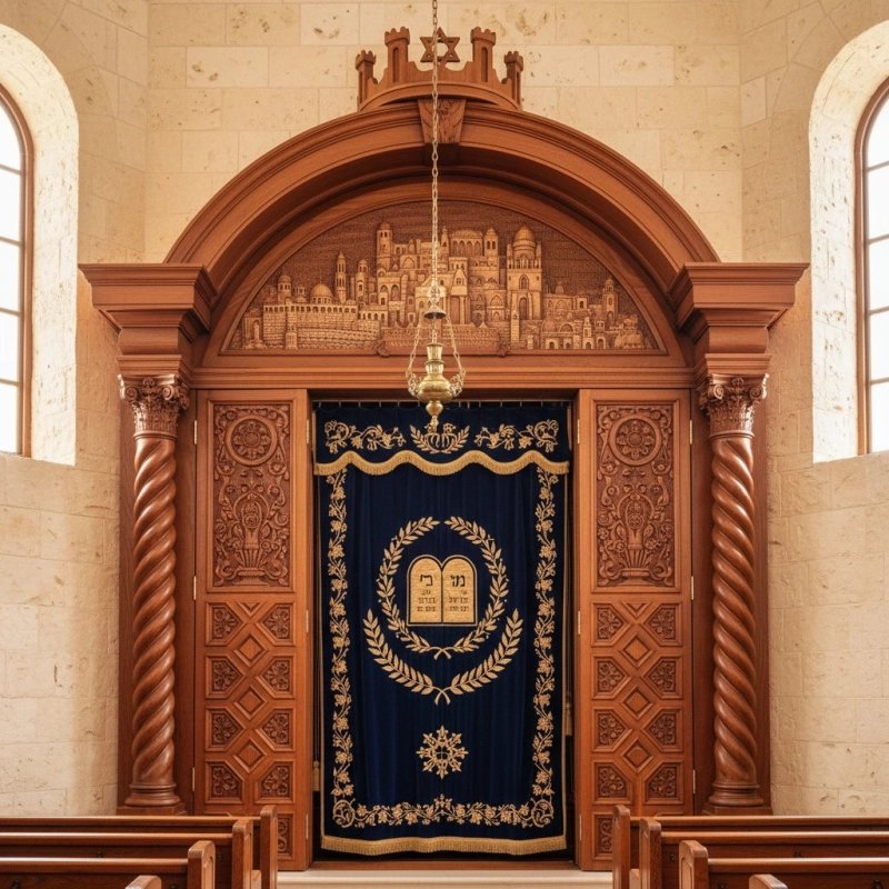 Masterfully Crafted Aron Kodesh Synagogue Ark - Hand-Carved Wood & Embroidered Blue Velvet - Premium Manufacturer Quality Masterfully Crafted Aron Kodesh Synagogue Ark - Hand-Carved Wood & Embroidered Blue Velvet - Premium Manufacturer Quality