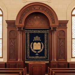 Premium Hand-Carved Aron Kodesh Synagogue Furniture by Expert Manufacturers Ornate Holy Ark with Deep Blue Velvet Parochet