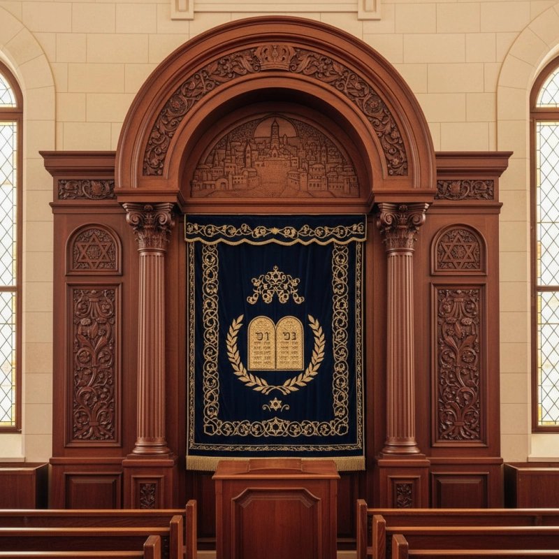 Premium Hand-Carved Aron Kodesh Synagogue Furniture by Expert Manufacturers Ornate Holy Ark with Deep Blue Velvet Parochet Premium Hand-Carved Aron Kodesh Synagogue Furniture by Expert Manufacturers Ornate Holy Ark with Deep Blue Velvet Parochet