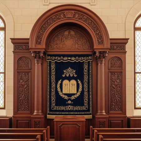 Premium Hand-Carved Aron Kodesh Synagogue Furniture by Expert Manufacturers Ornate Holy Ark with Deep Blue Velvet Parochet